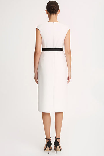 Ivory V-Neck Sheath Midi Dress with Cap Sleeves